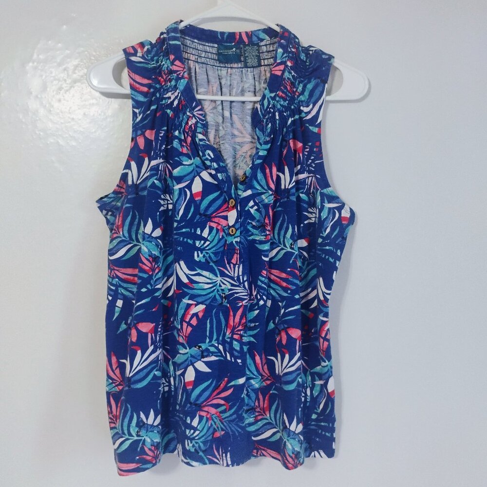 Caribbean Joe Tropical Floral Sleeveless Vacation Blouse L Blue